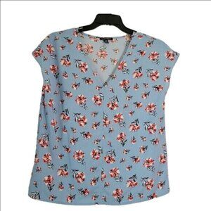 Hilary Radley Medium Blouse Floral Medium Light blue short cap sleeves flowy EUC